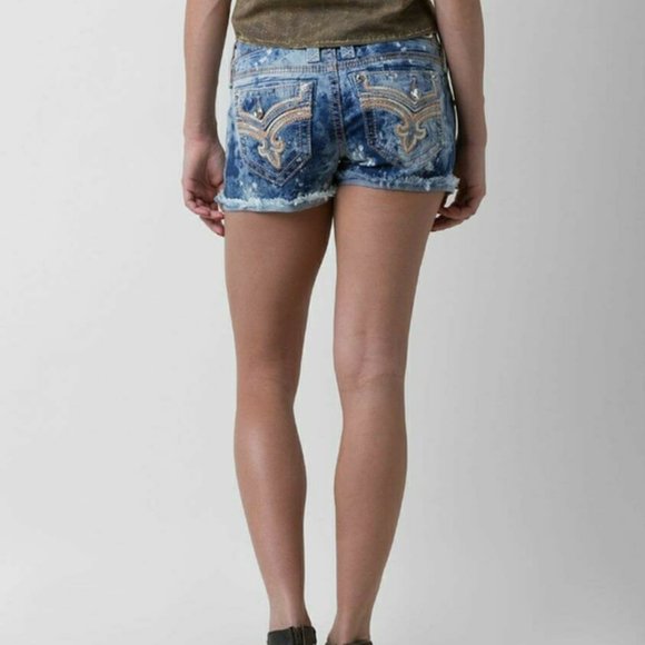 🤘ROCK REVIVAL🎸 KIRA ACID WASH EMBELLISHED EMBROIDERED SHORTS 28 - Picture 13 of 16
